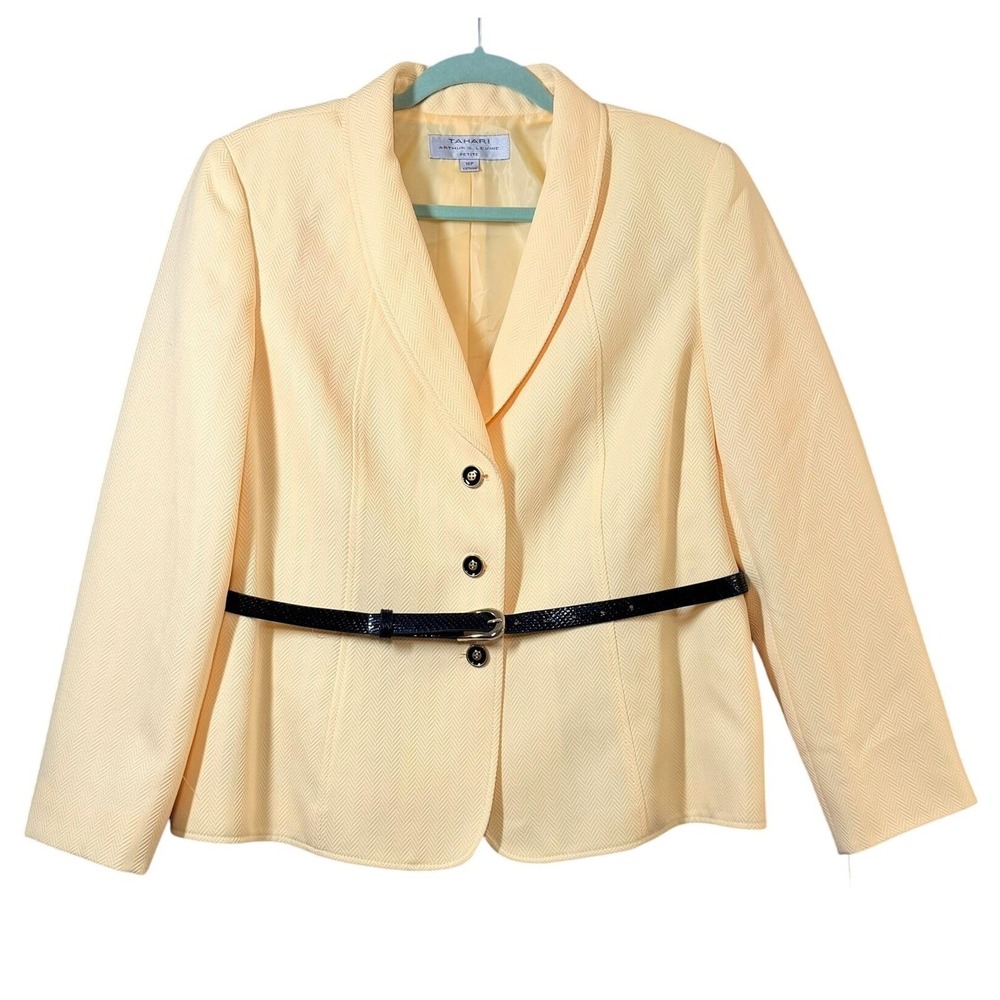 Tahari Womens Blazer 16P Butter Yellow Chevron Belted Office Wear Preppy Career